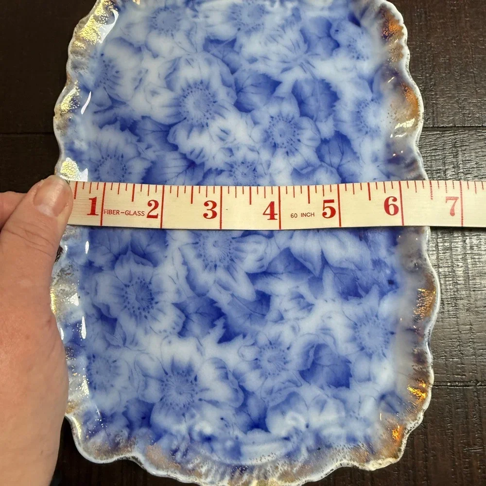 1890s Warwick China Flow Cobalt Blue Floral Tray Scalloped Gold Gilt Vanity Dish